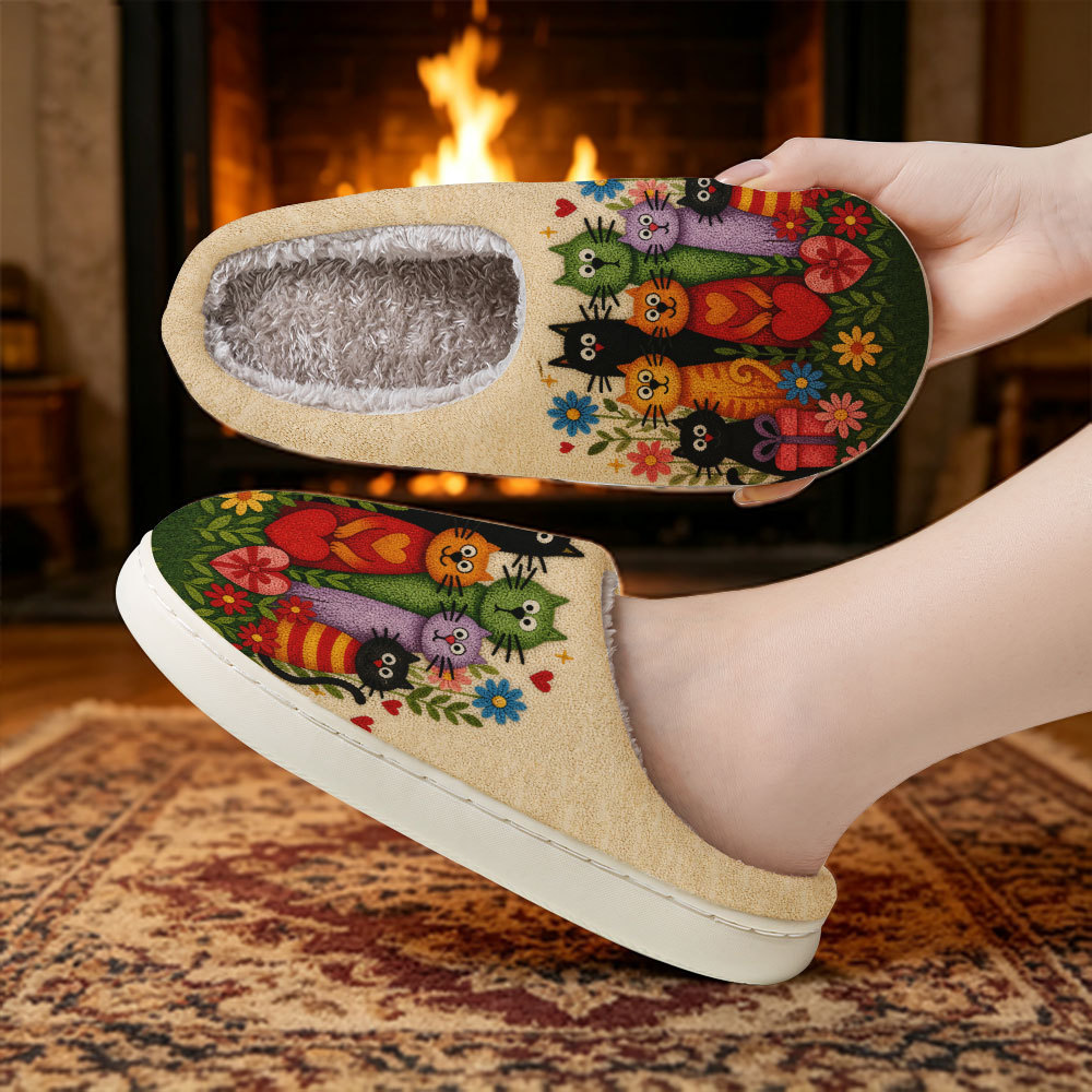 Women's Folk Art Multi‑Cat Floral Print Fuzzy House Slippers