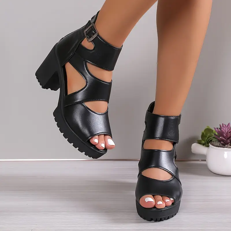 [Chunky Heel] Women's Fashion Hollow Out Design High Heel Sandals