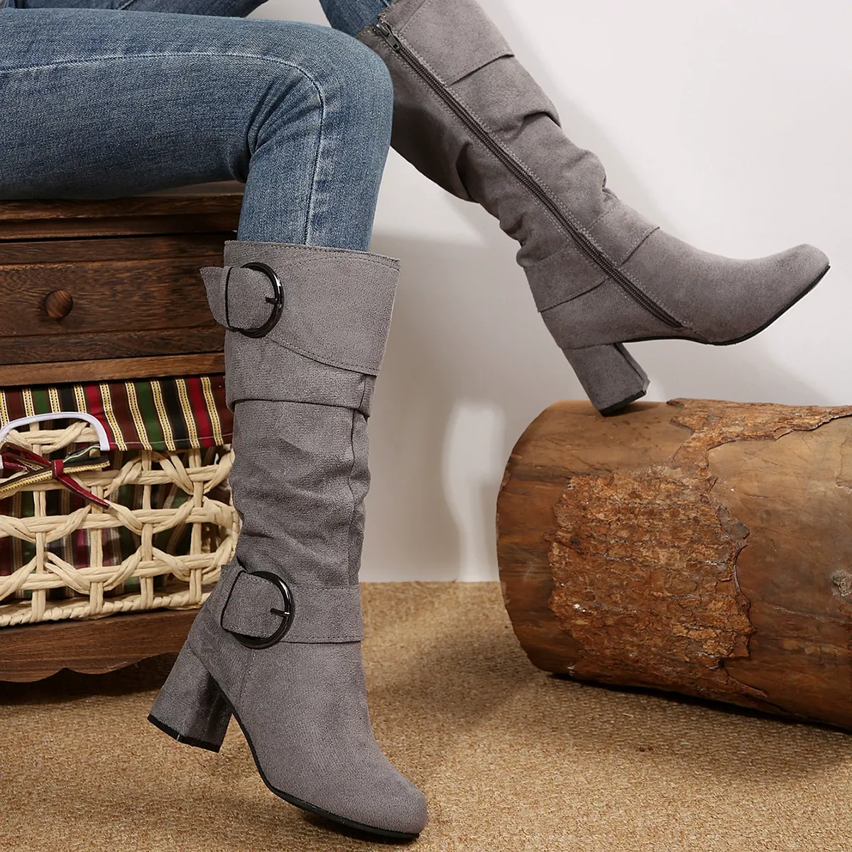 Women's Suede Chunky Heel Boots