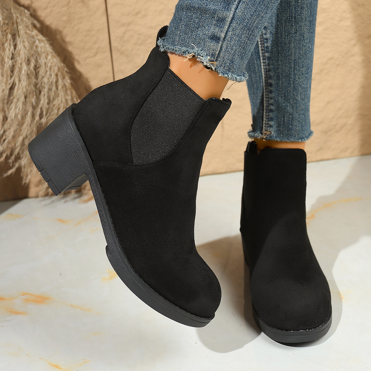 Women's Classic Chelsea Ankle Boots Comfort Elastic Side Chunky Block Heel Boots