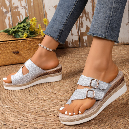 Women's Fashion Glitter Buckle Wedged Sandals Slides