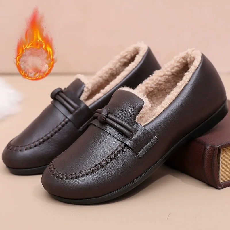 Women’s Fleece Lined Leather Loafers Slip On Warm Shoes