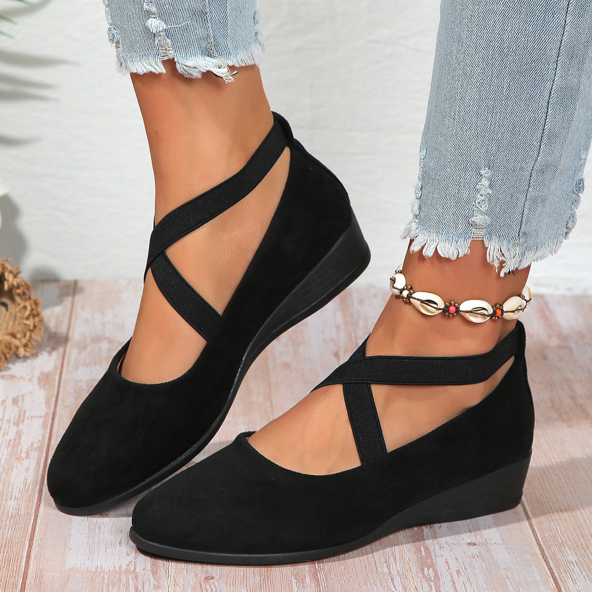 Women's Comfy Elastic Crisscross Strap Wedge Slip-On Shoes