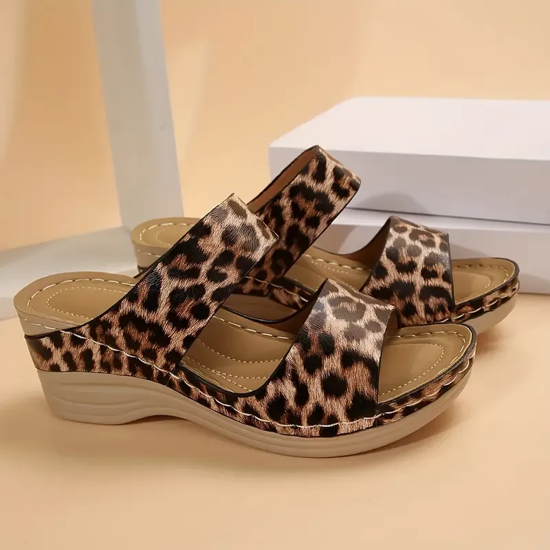 Women's Leopard Print Wedge Slide Sandals