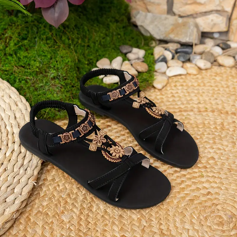 Bohemian Flat Sandals Round Toe Beaded Flower Beach Shoes for Women