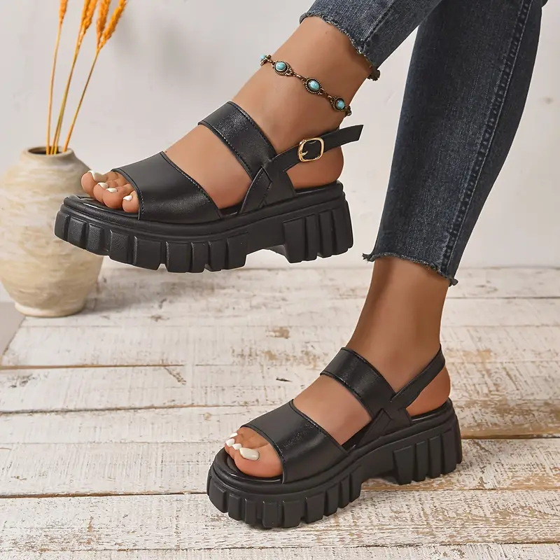 Women's Stylish Comfortable Black Leather Platform Sandals