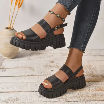 Women's Stylish Comfortable Black Leather Platform Sandals