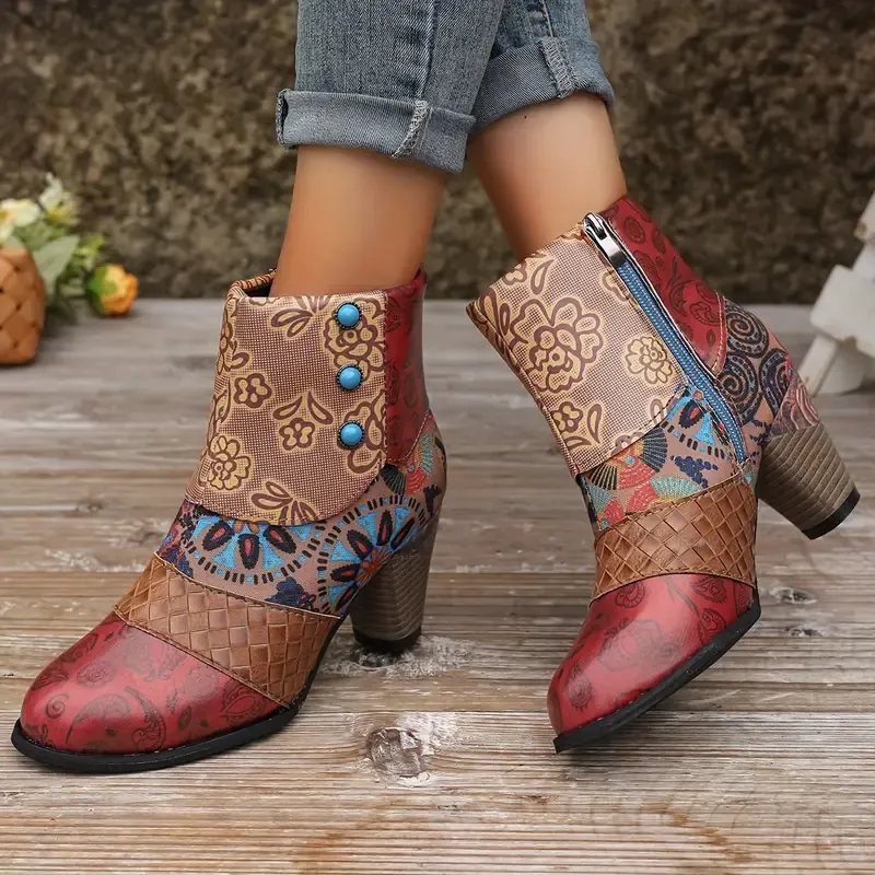 Women's Bohemian Floral Pattern Chunky Boots