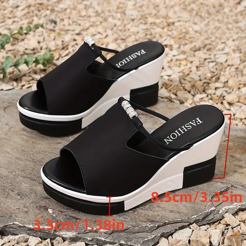 New Arrival - Black & White Stylish Elegant Thick Sole Wedge Sandals with Sparkling Rhinestones 