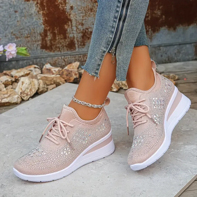 Women's Glittery Rhinestone Fashion Breathable Wedge Sneakers 