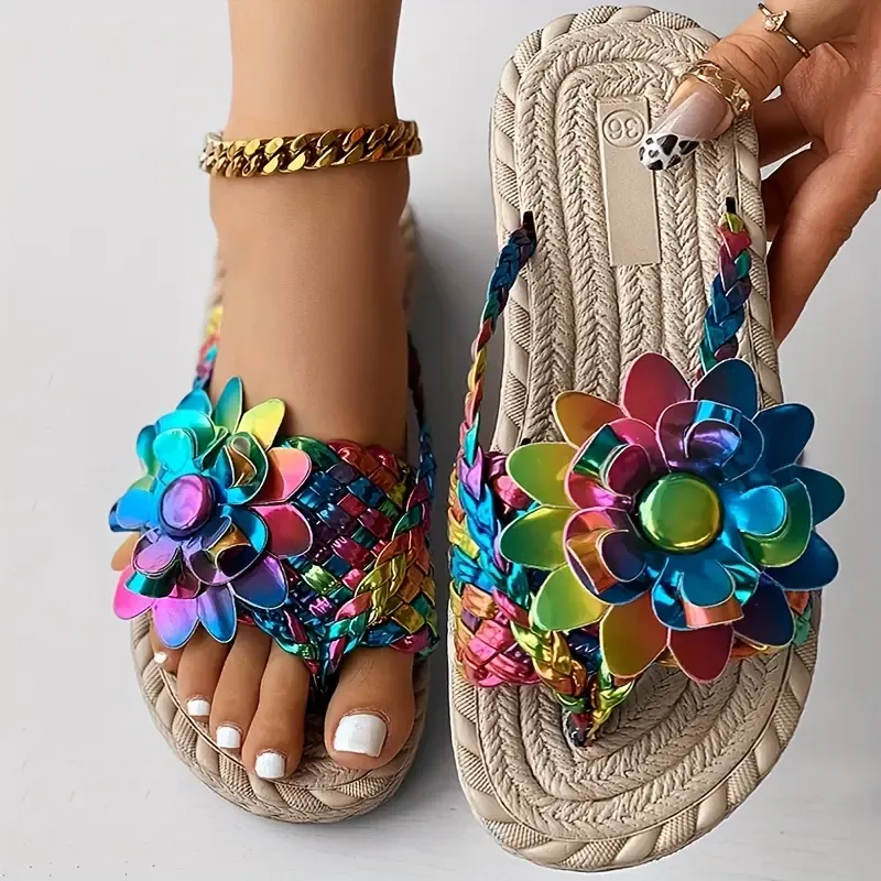 Women's Colorful Laser Flower Flip Flops Beach Sandals