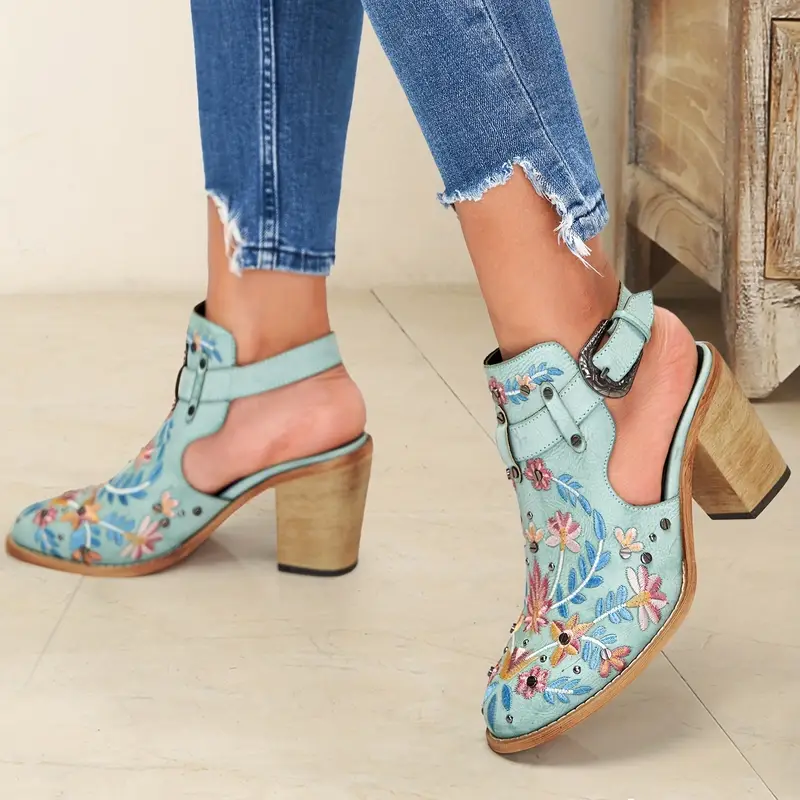 Women's Stylish Floral Vintage Style Chunky Heel Ankle Boots Sandals