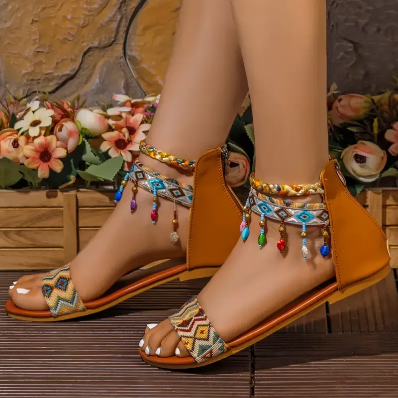 Handmade Bohemian Roman Sandals with Colorful Beads Ankle Straps