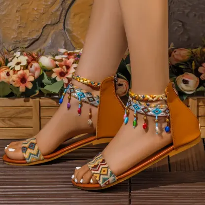 Handmade Bohemian Roman Sandals with Colorful Beads Ankle Straps