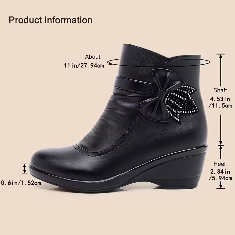 Women's Soft Warm Plush Waterptoof Handmade Leather Bowknot Wedge Heel Short Boots