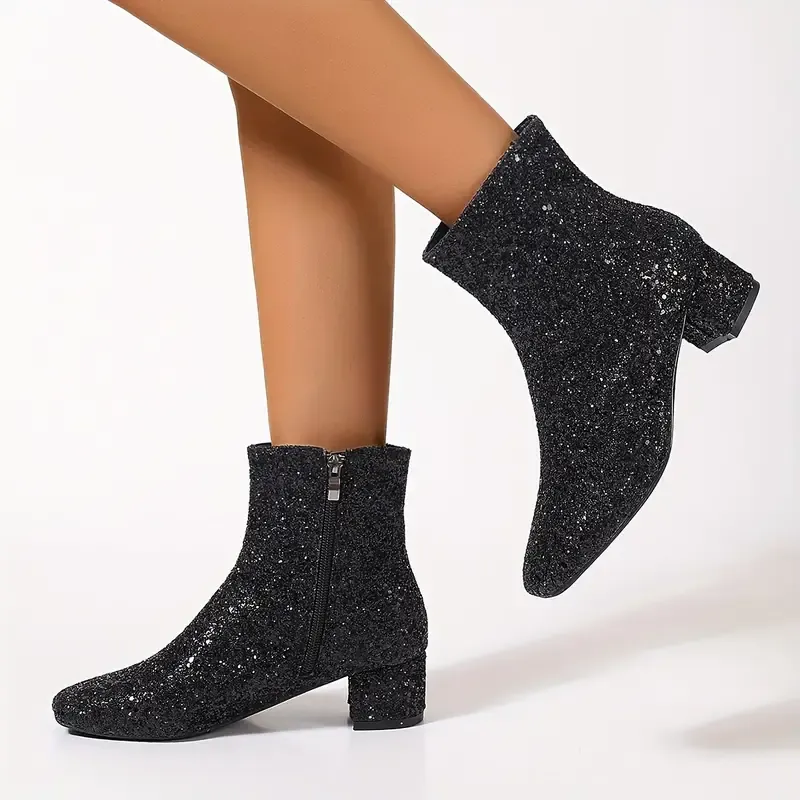 Women's Sparkling Fashion Elegant Versatile Chunky Heel Boots