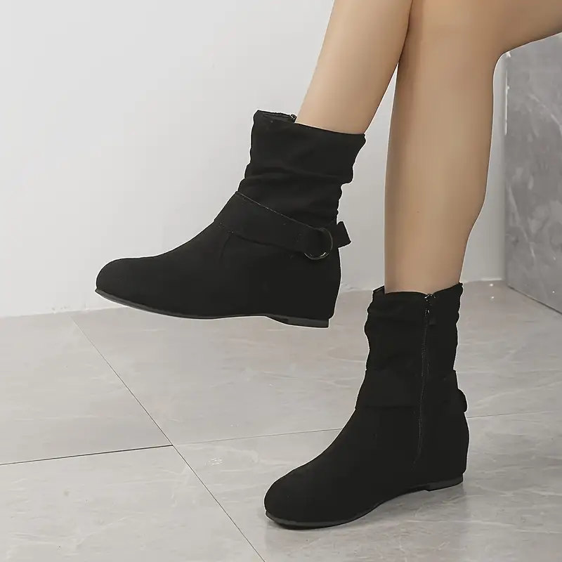 Women's Slouchy Ankle Boots, Solid Color Round Toe Side Zipper Short Boots, Comfortable Flat Boots