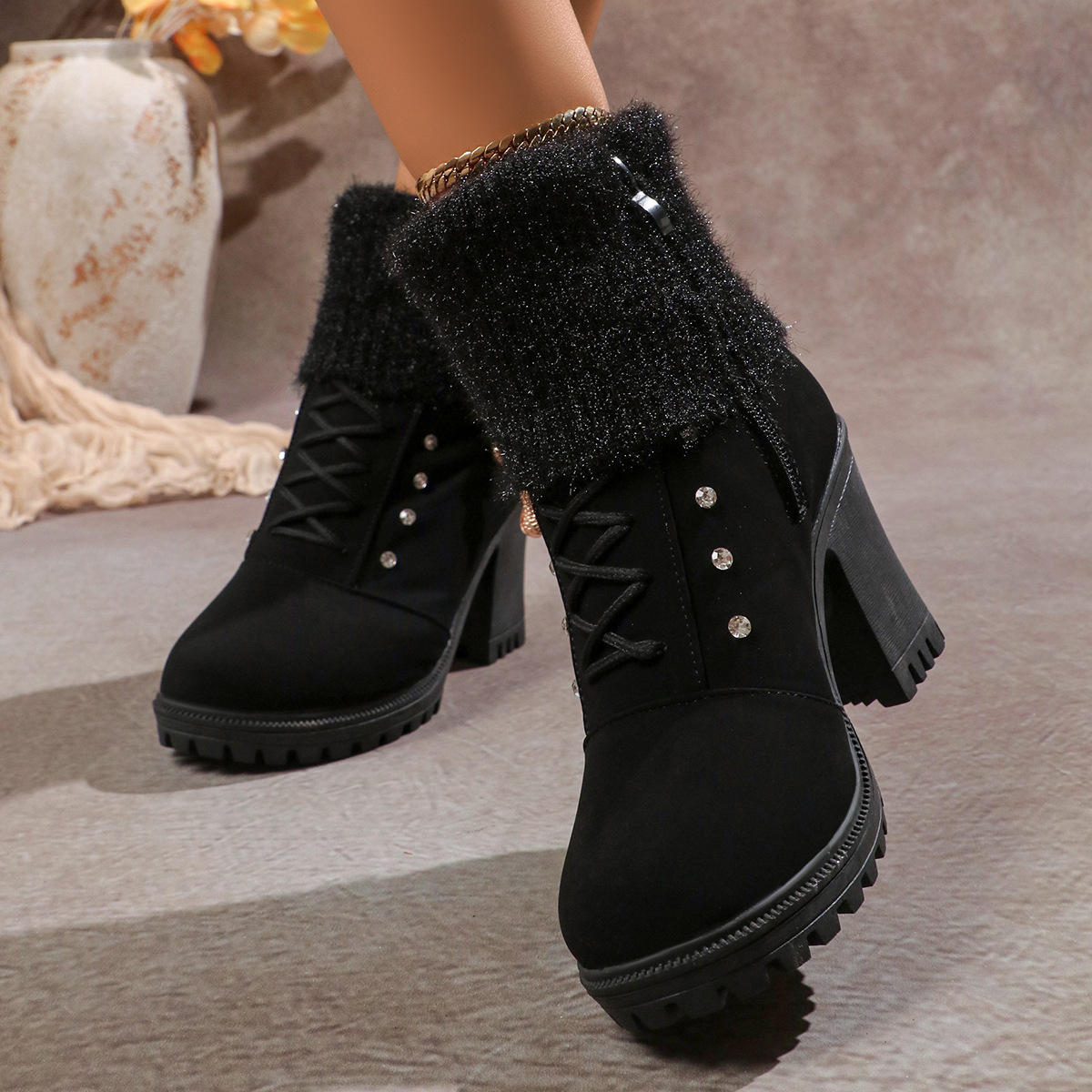 Women's Fashionable Rhinestone Fleece Lining Waterproof and Non-slip Chunky-heeled Boots