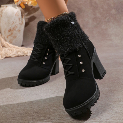 Women's Fashionable Rhinestone Fleece Lining Waterproof and Non-slip Chunky-heeled Boots