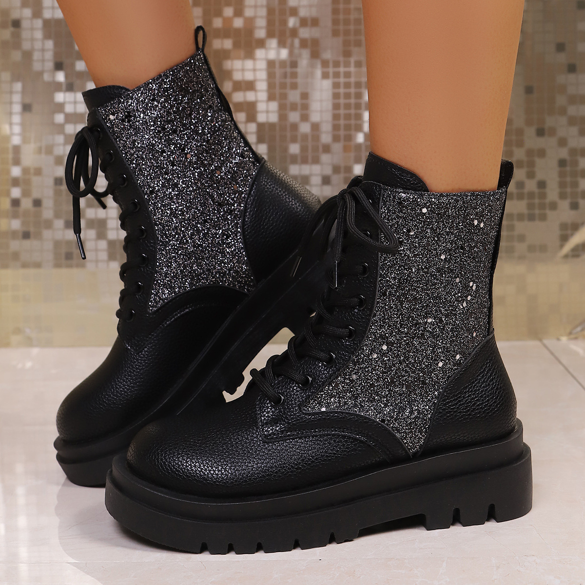 Women's New Sequined Lace-up Platform Martin boots Round-toed Short Boots