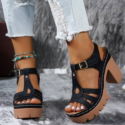 New Ethnic Style Vintage Hook-and-loop Fastener Thick Heel Roman Sandals for Women
