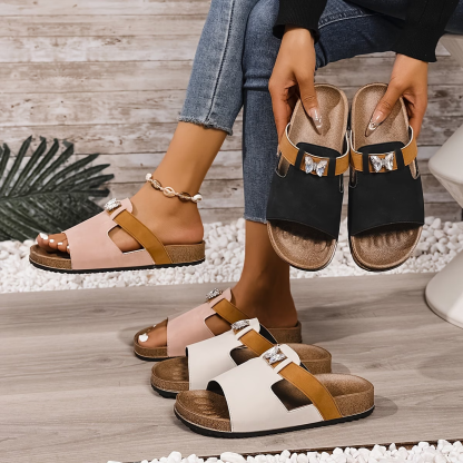 Women's Retro Butterfly Decorated Slip-On Thick-Soled Sandals Beach Slides