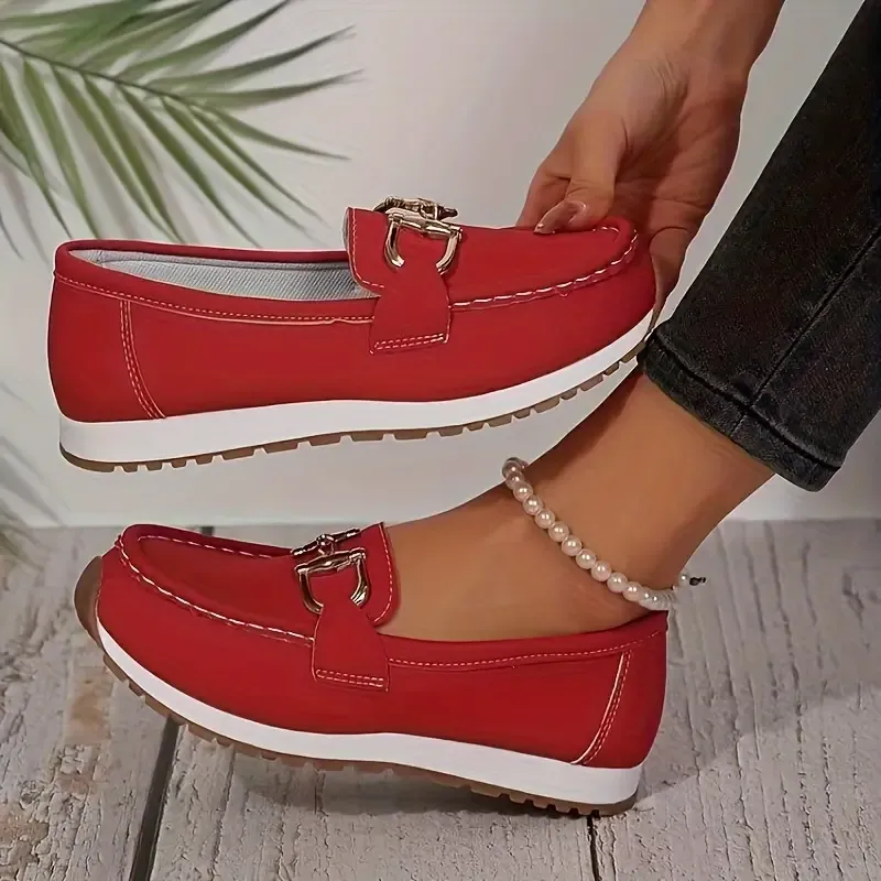Womens Stylish & Comfortable Slip-On Loafers with Shiny Metallic Buckle
