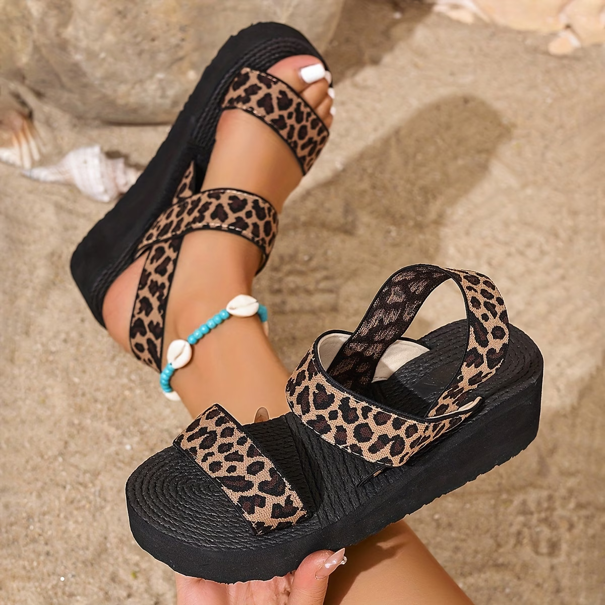 Women's Stylish Leopard Print Thick-Soled Wedge Sandals Beach Sandals