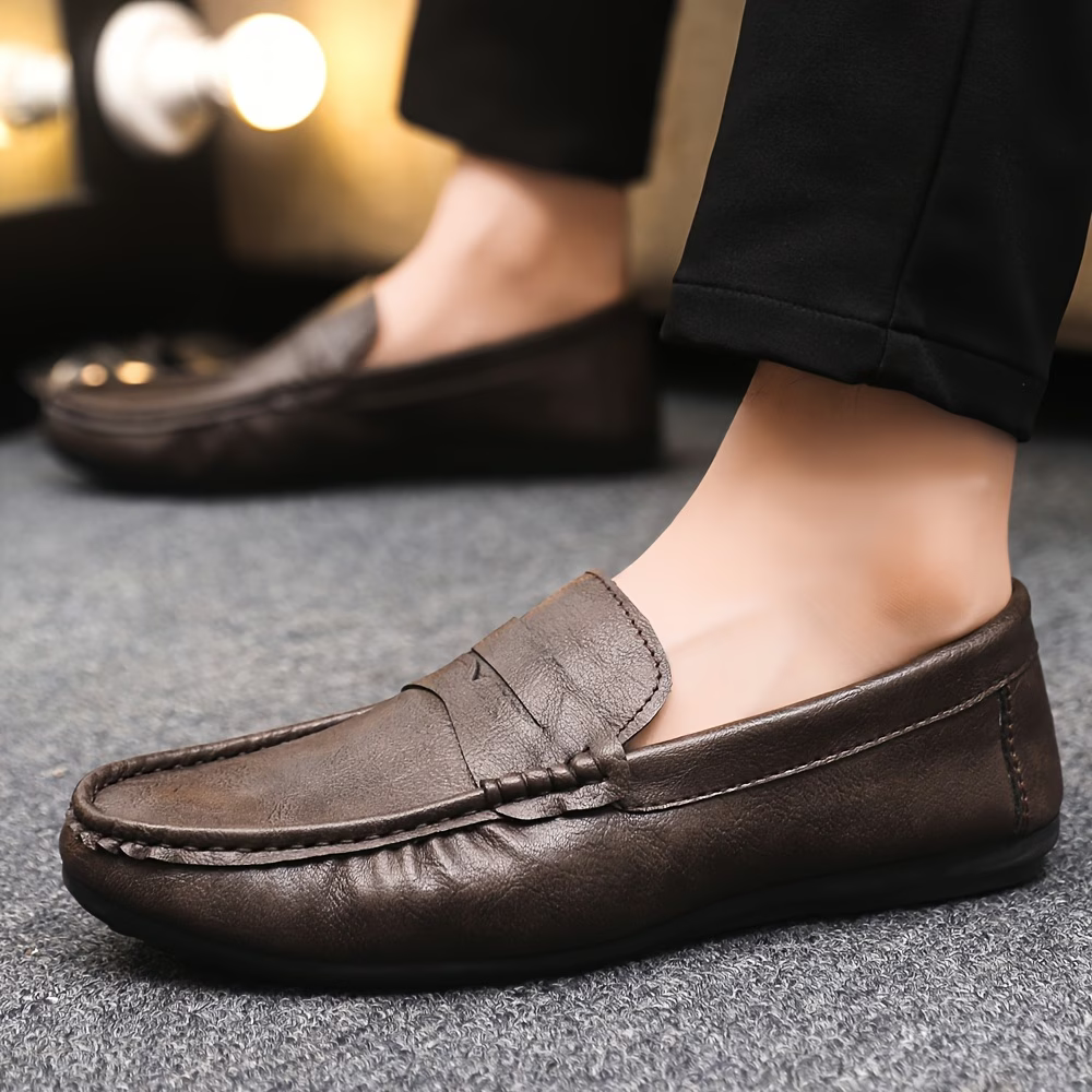 Men's British Style Soft & Comfortable & Lightweight Leather Slip-On Loafers Business Flat Shoes