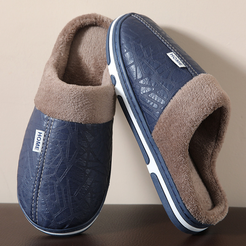 Unisex Warm Waterproof Non‑Slip Leather Winter Slippers Indoor House Shoes