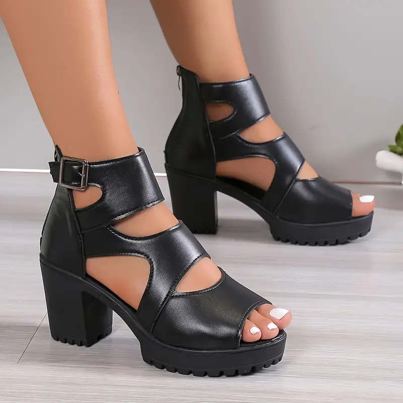 [Chunky Heel] Women's Fashion Hollow Out Design High Heel Sandals