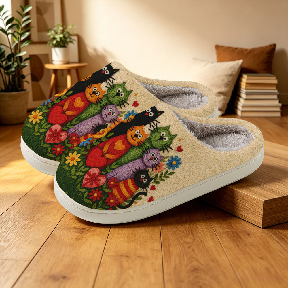 Women's Folk Art Multi‑Cat Floral Print Fuzzy House Slippers