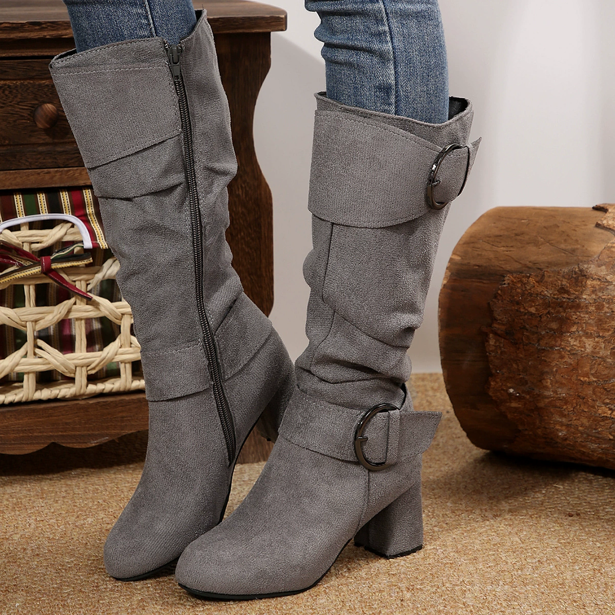 Women's Suede Chunky Heel Boots