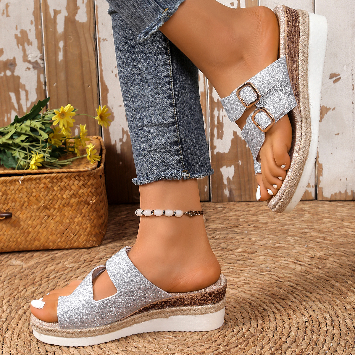 Women's Fashion Glitter Buckle Wedged Sandals Slides