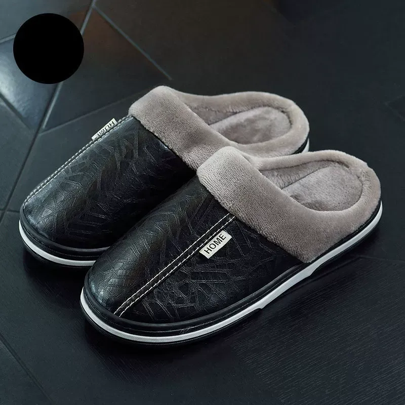 Unisex Warm Waterproof Non‑Slip Leather Winter Slippers Indoor House Shoes