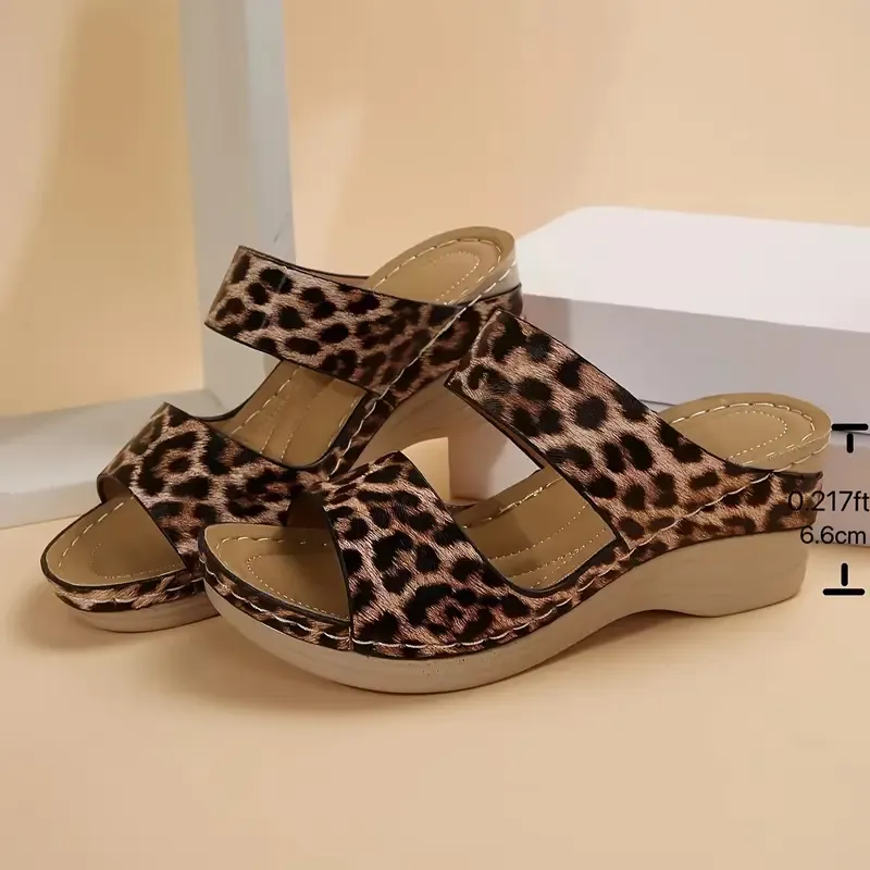 Women's Leopard Print Wedge Slide Sandals