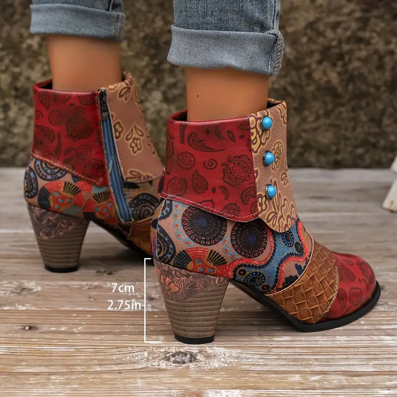 Women's Bohemian Floral Pattern Chunky Boots
