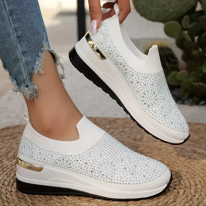Women's Rhinestone Decor Platform Sneakers Slip-On Outdoor Shoes