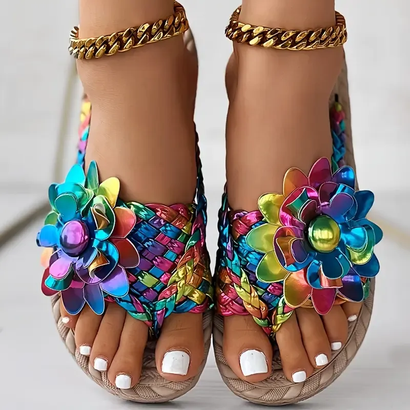 Women's Colorful Laser Flower Flip Flops Beach Sandals