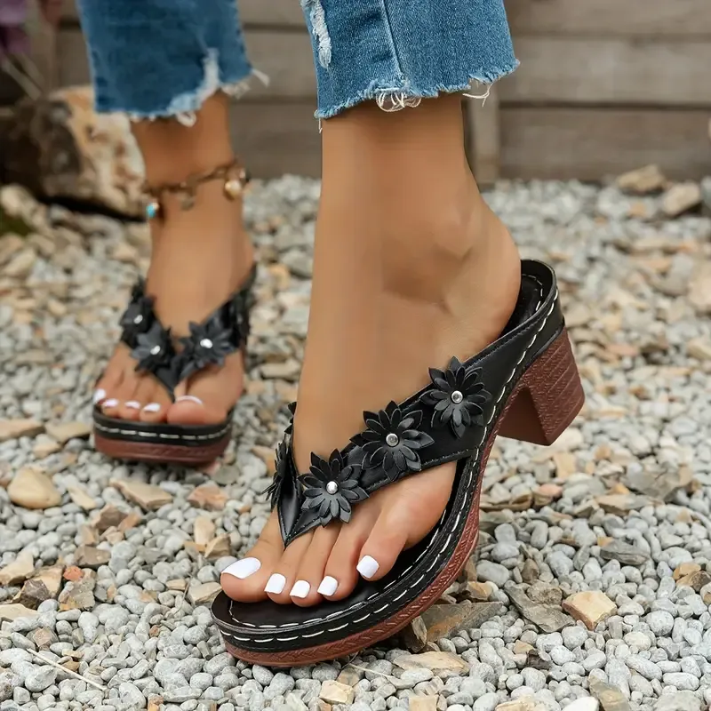 Women's Chic Arch Support Floral Wedge Flip Flops Sandals for Beach Tr