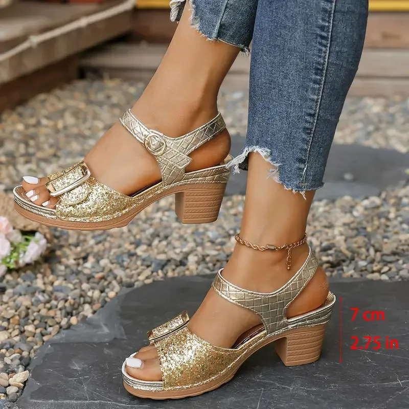 Women's Glittery Chunky Heel Sandals with Adjustable T-Strap & Buckle Closure