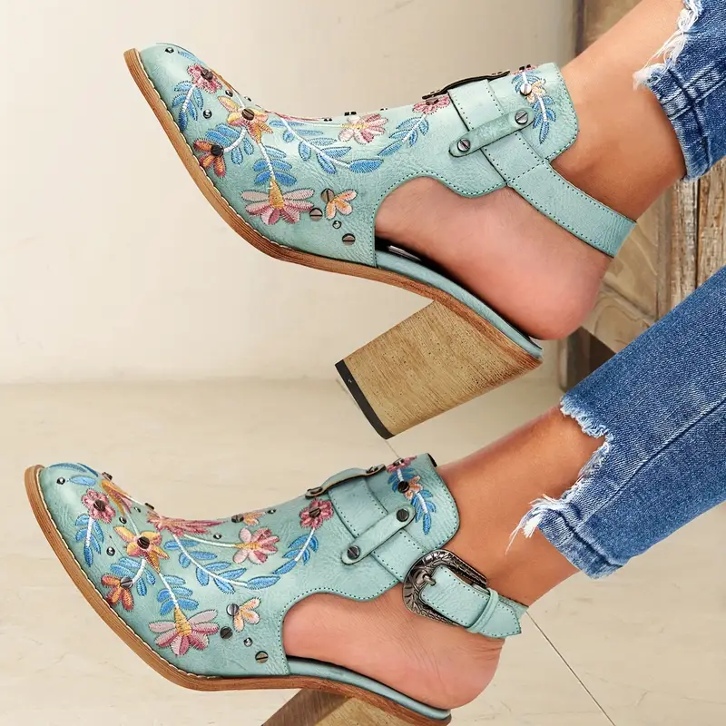 Women's Stylish Floral Vintage Style Chunky Heel Ankle Boots Sandals