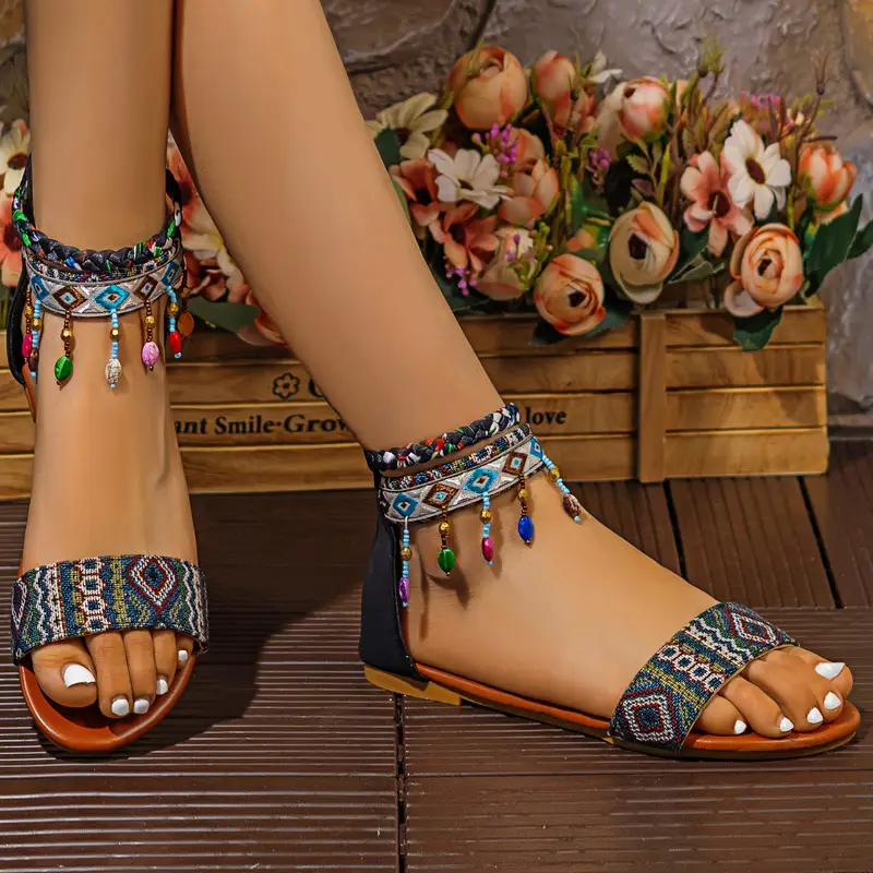 Handmade Bohemian Roman Sandals with Colorful Beads Ankle Straps