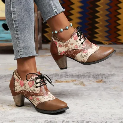 Women's Floral Bohemian Lace-Up Round-Toe Block Heel Ankle Boots