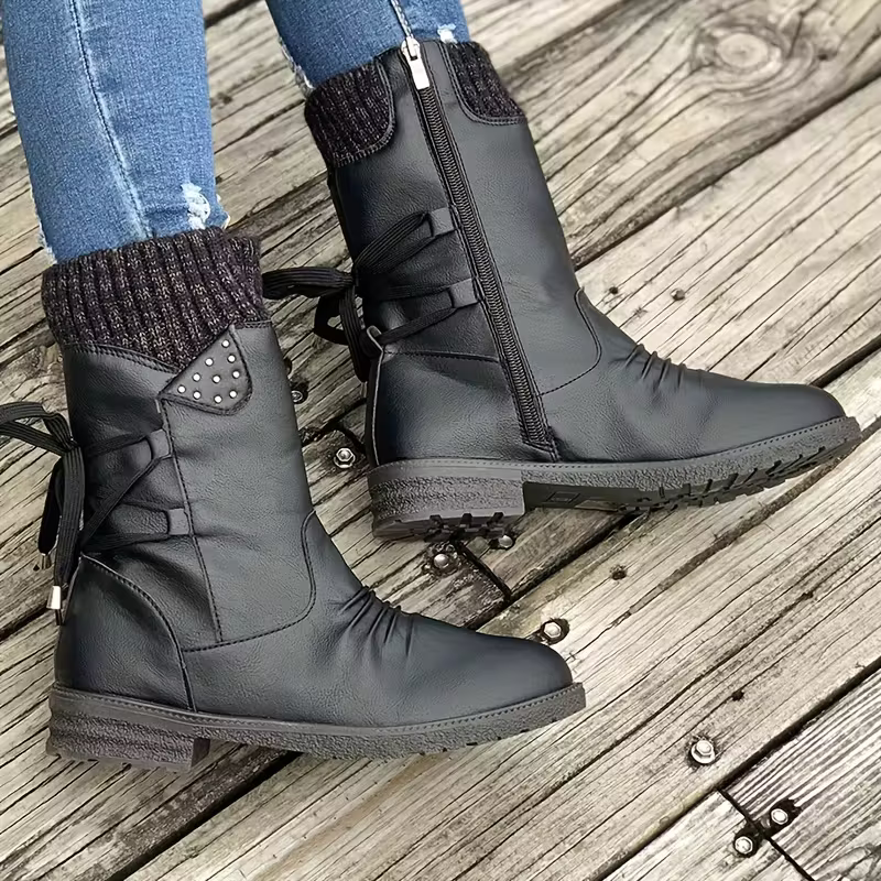 Women's Vintage Classic Elegant Waterproof Lace-Up Adjustable Mid-Calf Boots