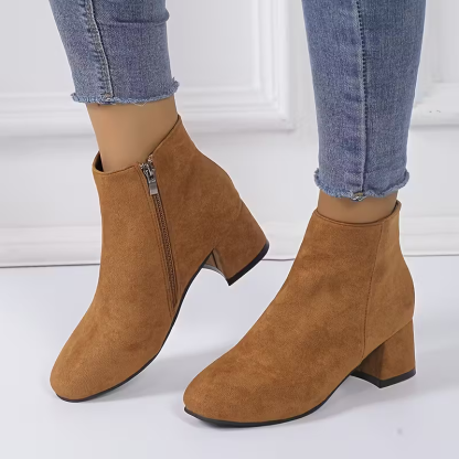 Women's Stylish & Versatile Solid Color Side Zipper Short Boots Block Heeled Ankle Boot