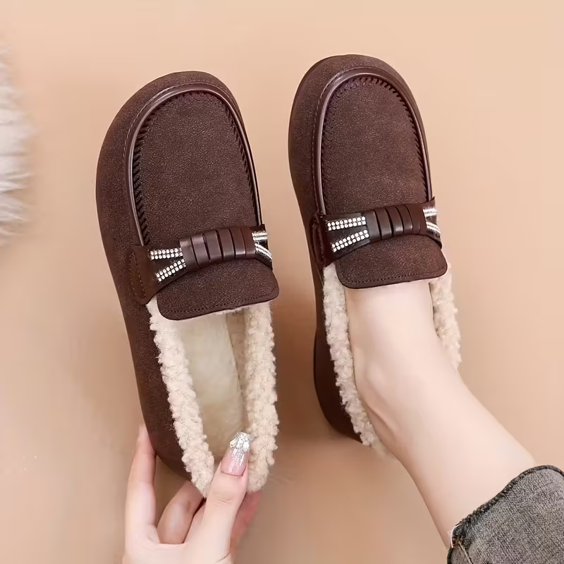 Women's Cozy Bow Detail & Rhinestone Accents Winter Slip-On Shoes 