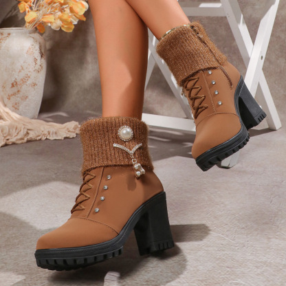 Women's Fashionable Rhinestone Fleece Lining Waterproof and Non-slip Chunky-heeled Boots