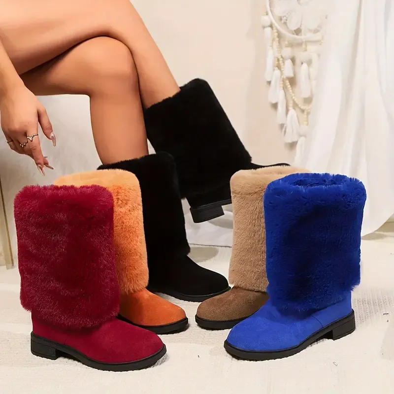 Women's Cozy Fluffy Slip-on Mid-Calf Boots 