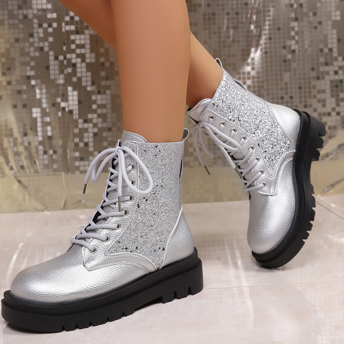 Women's New Sequined Lace-up Platform Martin boots Round-toed Short Boots